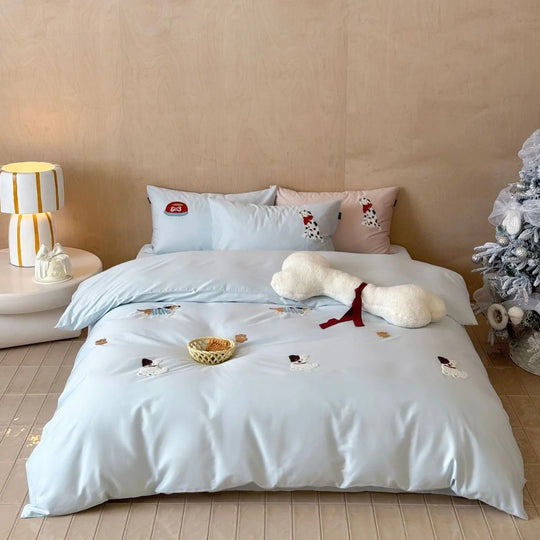 Bettwäsche-Set Damen Baumwollsatin mit Welpenstickerei und Dekokissen 6