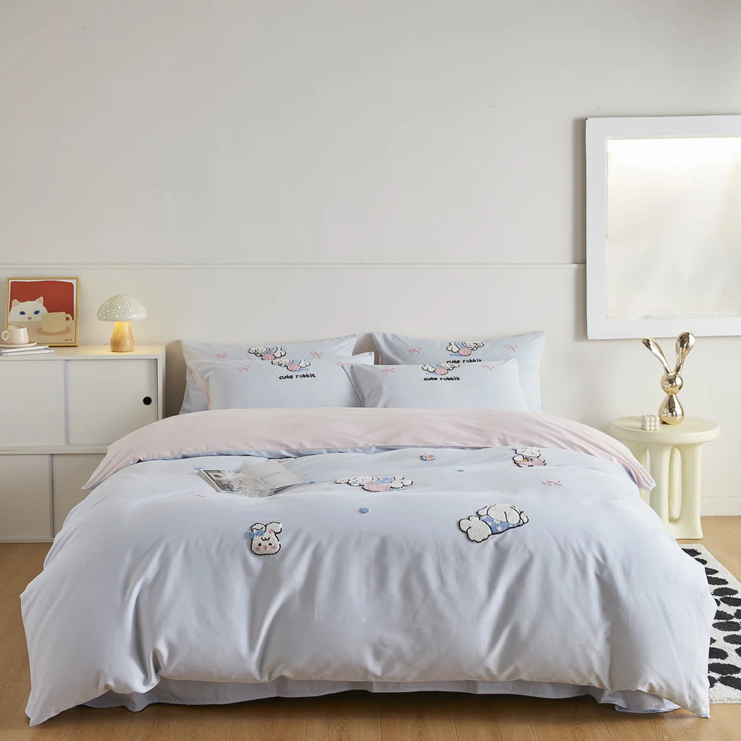 Bettwäsche-Set Damen mit gesticktem Mond- und Hasenmotiv 7