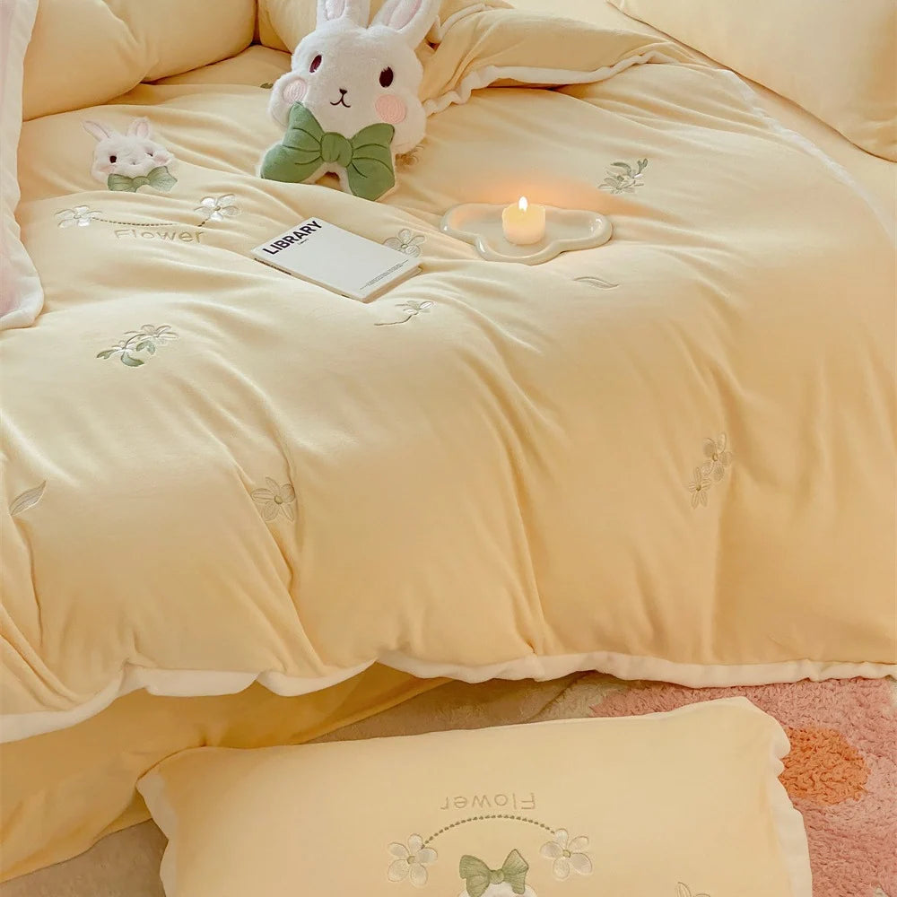 Bettwäsche-Set mit besticktem Blumenhasen-Motiv für Damen 3