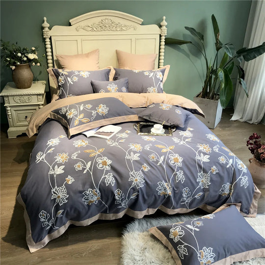 Bettwäscheset Baumwollsatin mit besticktem Pflanzenmotiv und Wendefunktion 0