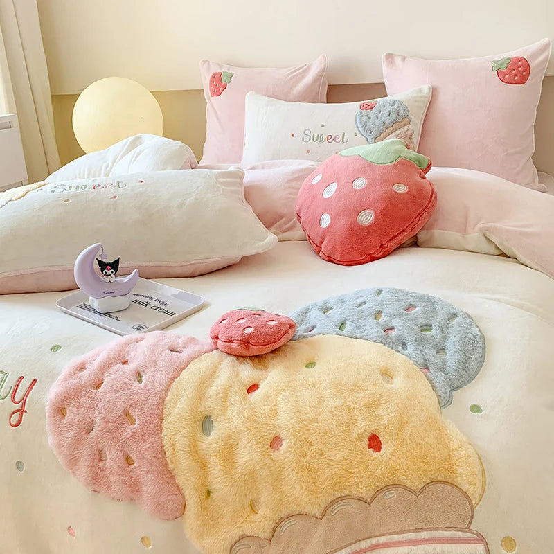 Bettwäscheset Damen mit 3D-Plüschapplikationen und Kuschelkissen 1