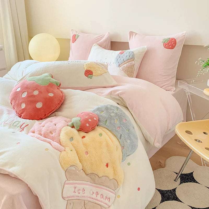 Bettwäscheset Damen mit 3D-Plüschapplikationen und Kuschelkissen 2