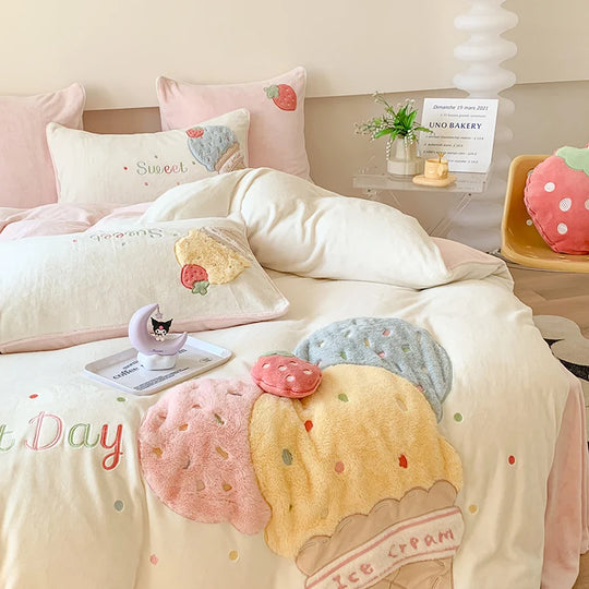 Bettwäscheset Damen mit 3D-Plüschapplikationen und Kuschelkissen 3