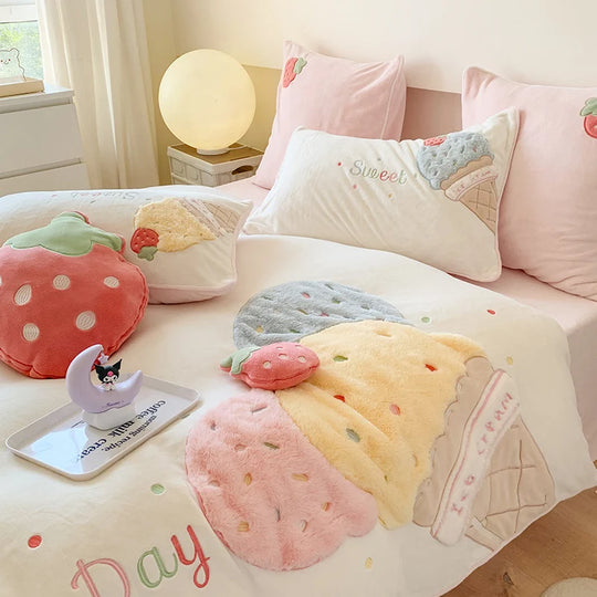Bettwäscheset Damen mit 3D-Plüschapplikationen und Kuschelkissen 4