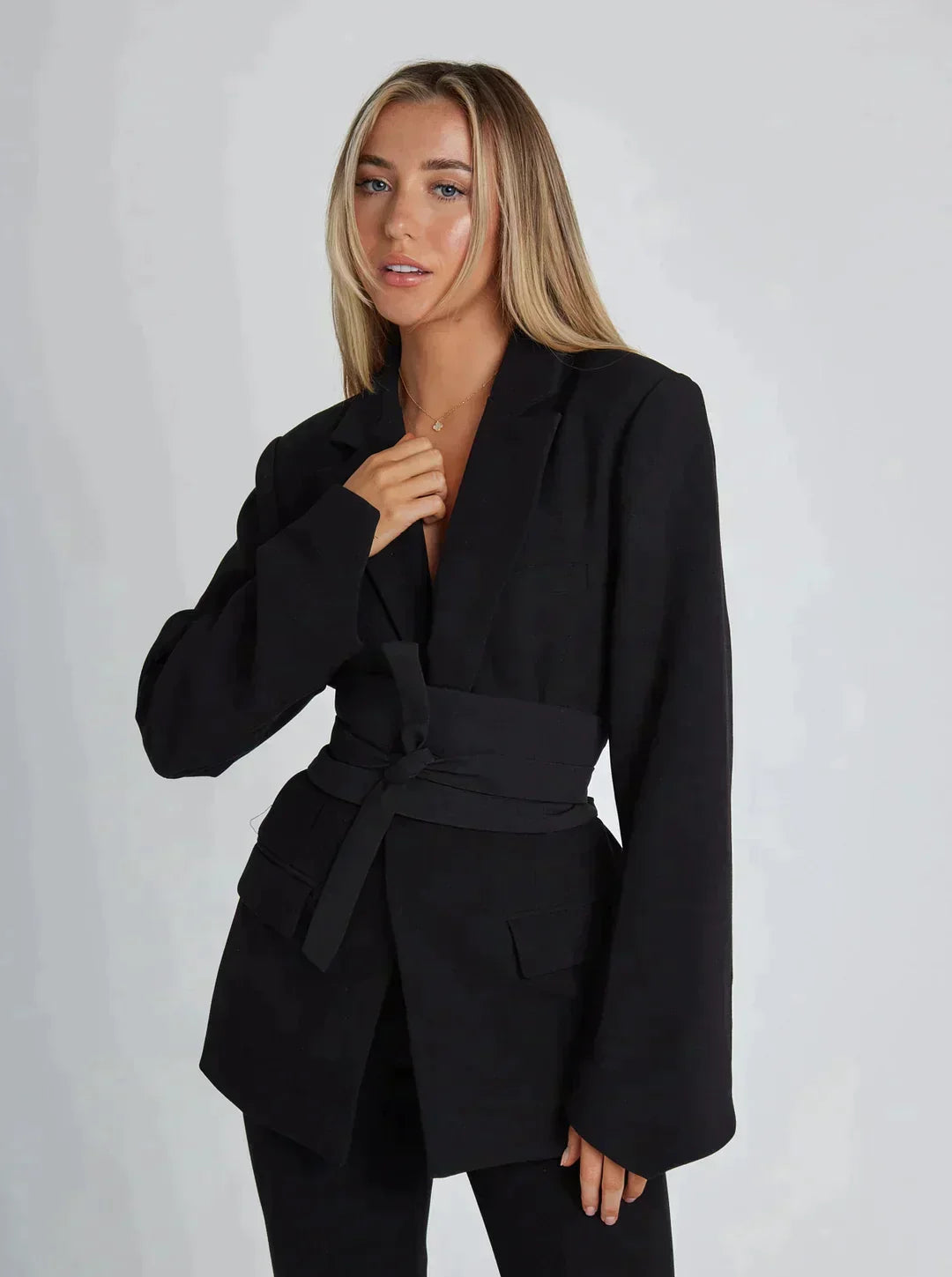 Variant image for Damen Blazer Schwarz Wickelstil mit Gürtel Elegante Passform Hochwertiger Stoff-4