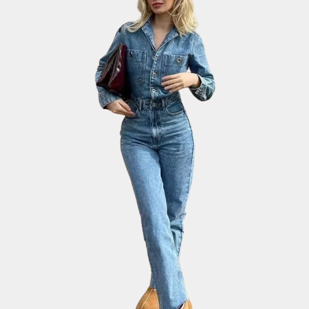 Damen Jumpsuit Bequeme Passform Langarm Denim Overall-1