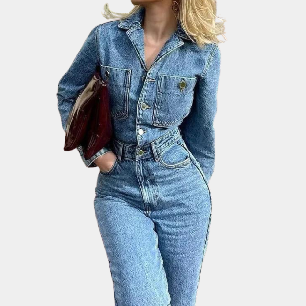 Damen Jumpsuit Bequeme Passform Langarm Denim Overall-2