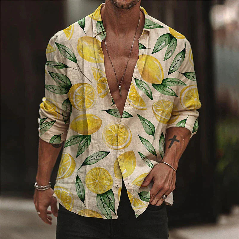 Herren Sommerhemd Kurzarm Lemon Print Atmungsaktive Baumwolle-1