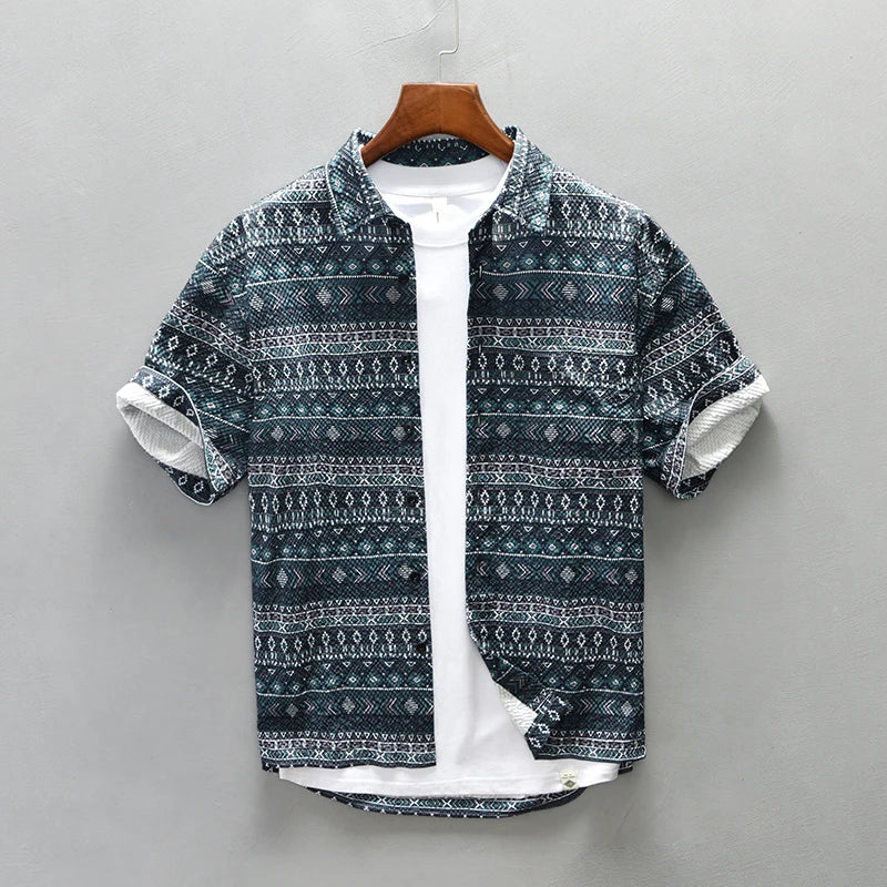 Herren Hemden Kurzarm Vintage Baumwolle Bequem Sommer Hemd 2