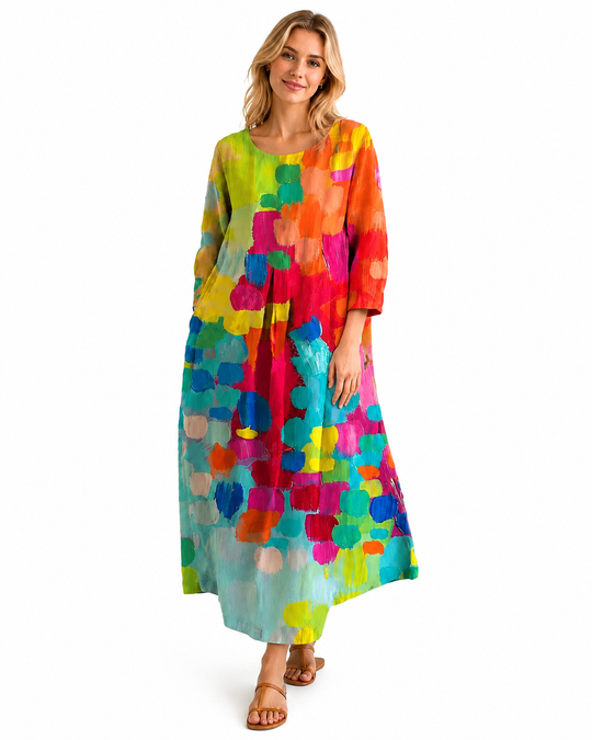 Damen Kleid Bunt Bedruckt Leinen Stil
