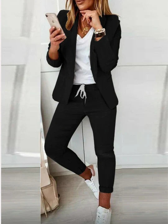 Damen Anzug Blau Eleganter Blazer und Hose Set Hochwertige Materialien-3