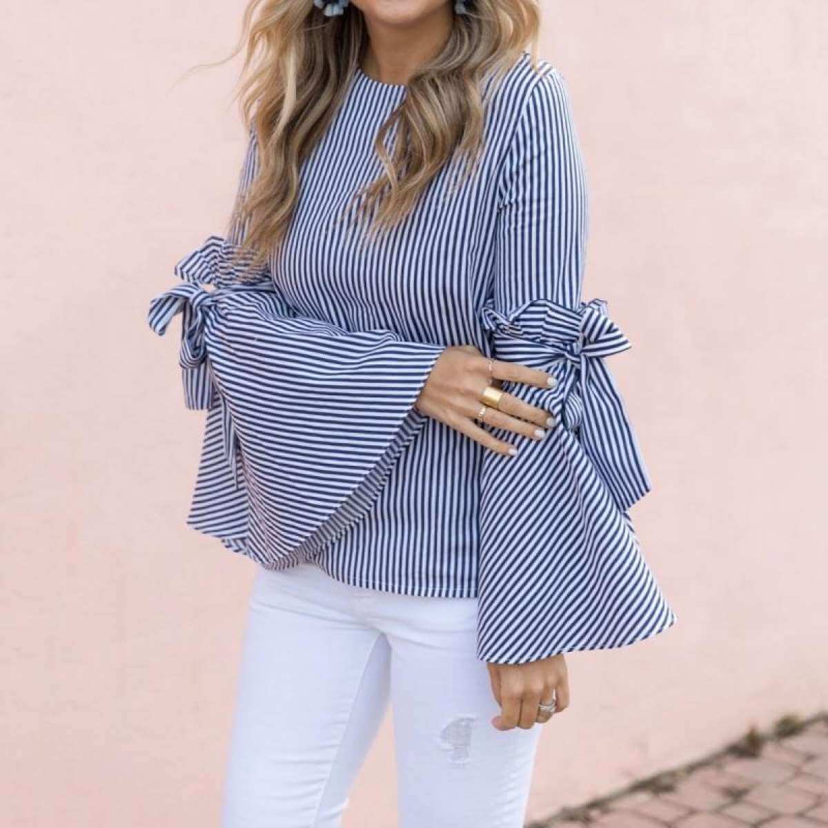 Damen Streifen Bowknot Flare Sleeve