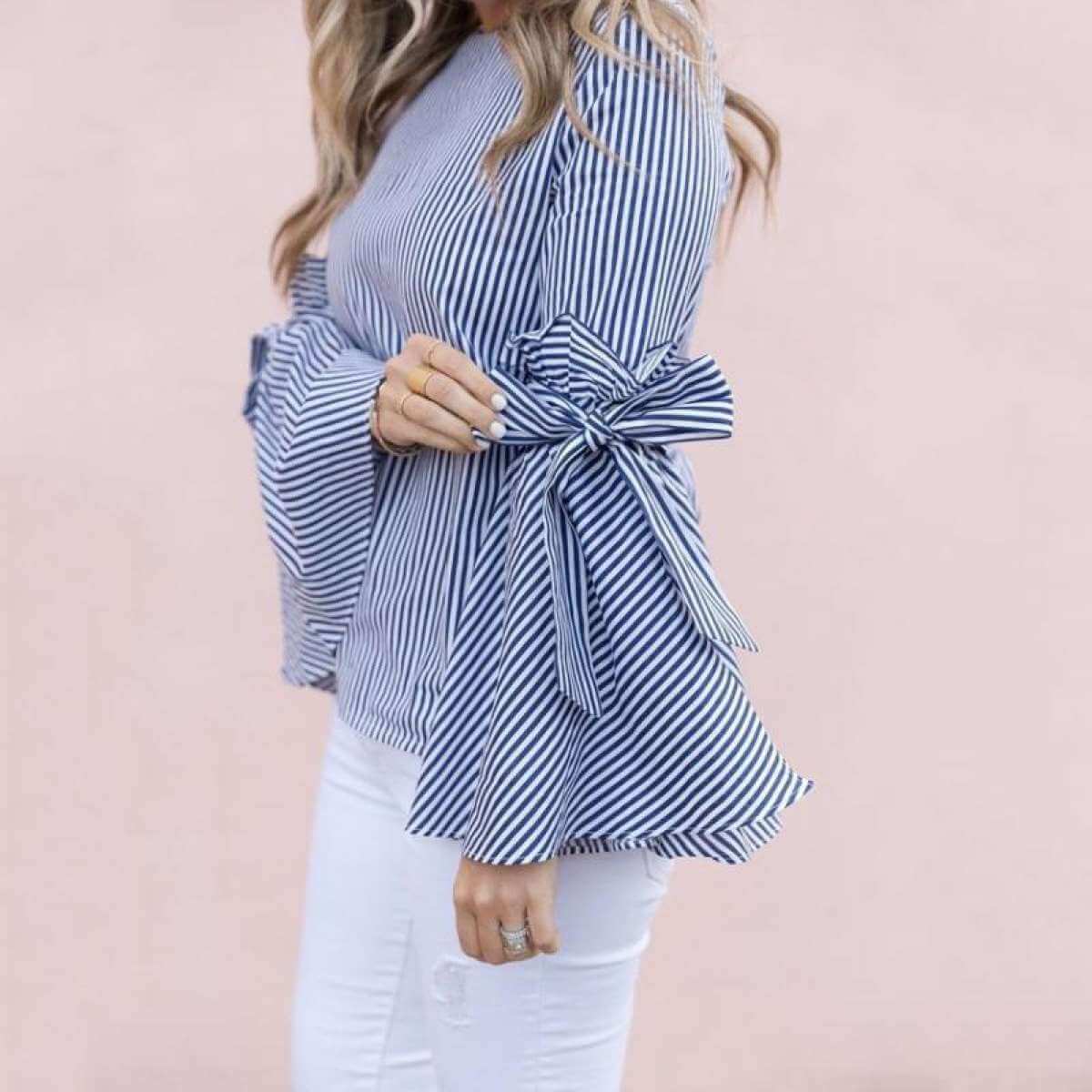 Damen Streifen Bowknot Flare Sleeve