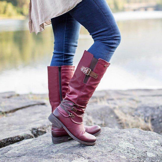 Damen Vintage Leder Zipper Stiefel
