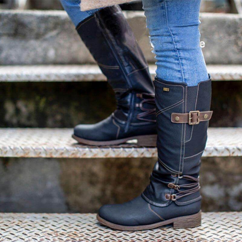 Damen Vintage Leder Zipper Stiefel