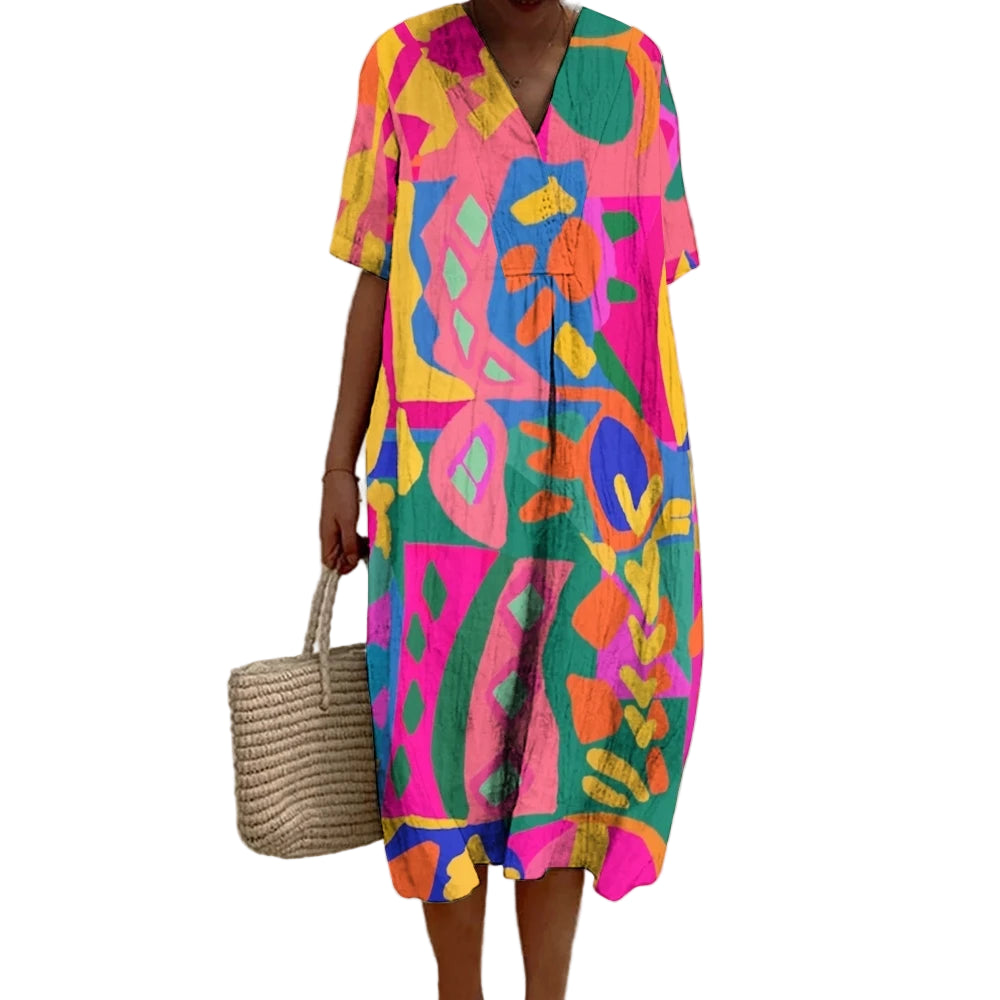 Damen A-Linien Kleid Kurzarm Bohemian Leichter Stoff für Sommer 0