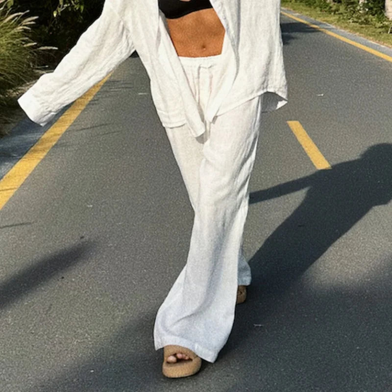 Damen Baggy-Hose Hohe Taille Baumwoll-Leinen-Stoffhose 1