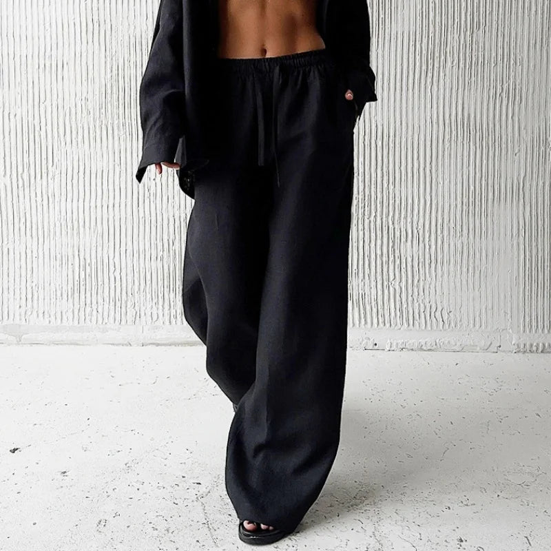 Damen Baggy-Hose Hohe Taille Baumwoll-Leinen-Stoffhose 3