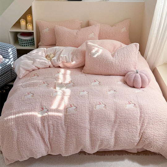 Damen Bettwäsche-Set 135x200 mit Hasenstickerei und Wendbarem Design 0