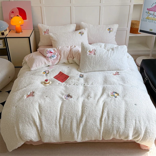Damen Bettwäsche-Set 135x200 mit Hasenstickerei und Wendbarem Design 11