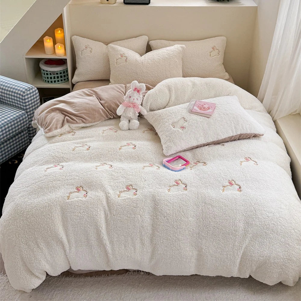 Damen Bettwäsche-Set 135x200 mit Hasenstickerei und Wendbarem Design 5