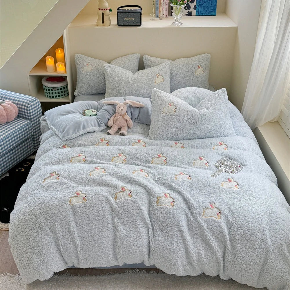 Damen Bettwäsche-Set 135x200 mit Hasenstickerei und Wendbarem Design 6