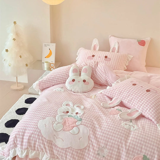 Damen Bettwäsche-Set Vichy-Karo mit Hasenapplikationen und Rüschen 2