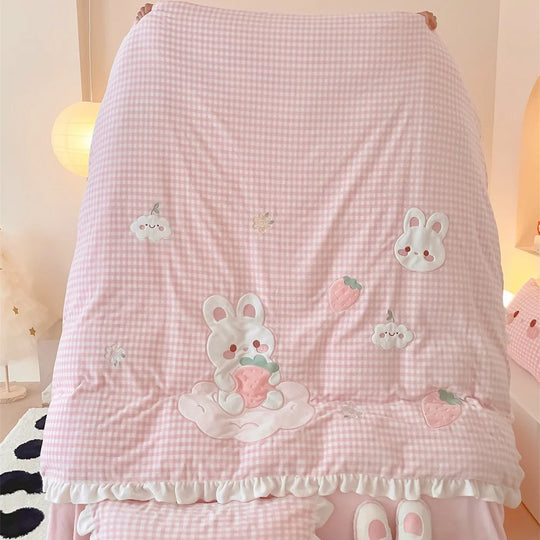 Damen Bettwäsche-Set Vichy-Karo mit Hasenapplikationen und Rüschen 3
