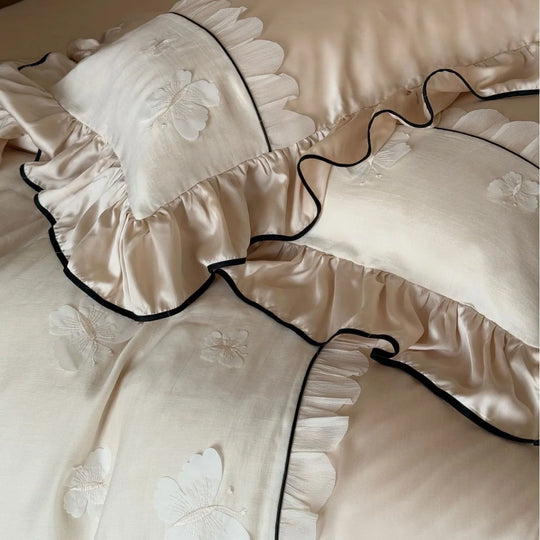 Damen Bettwäsche-Set mit Rüschen und Schmetterlingsstickerei 4