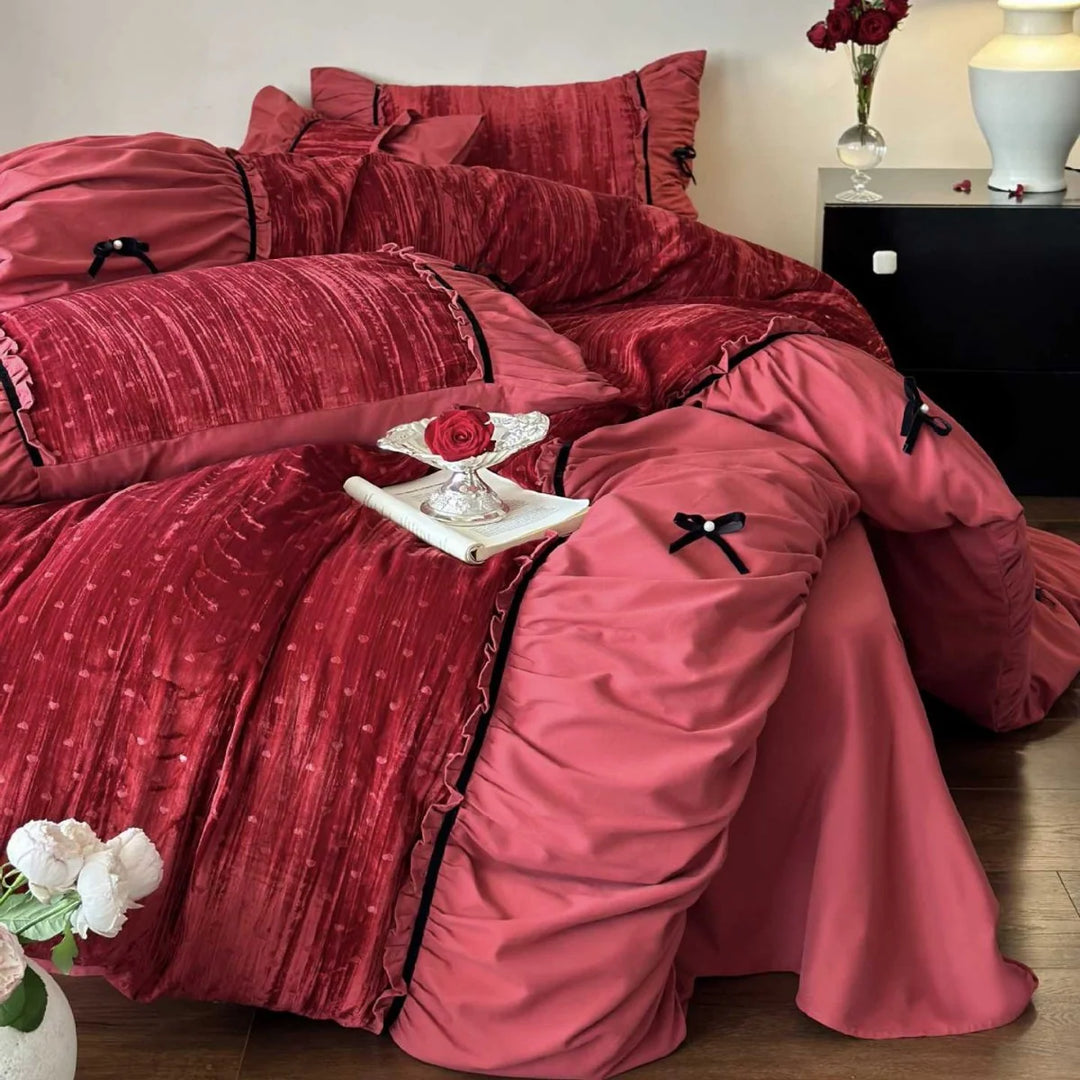 Damen Bettwäsche Set 180x200 mit Rüschen und Gestickten Schleifen 1