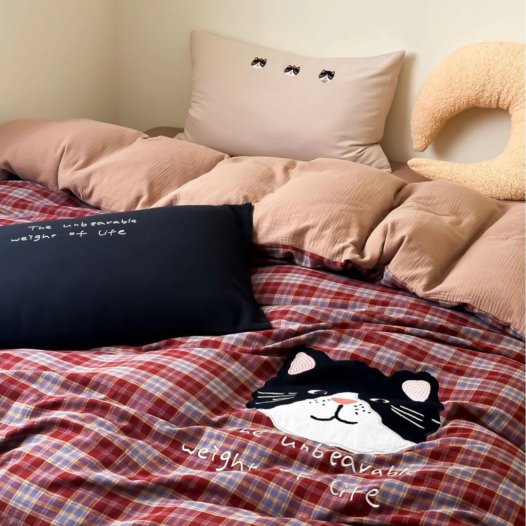 Damen Bettwäsche Set Karomuster mit Plüschbär-Applikation 1