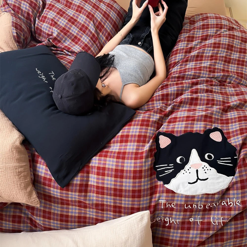 Damen Bettwäsche Set Karomuster mit Plüschbär-Applikation 3