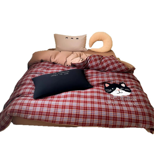 Damen Bettwäsche Set Karomuster mit Plüschbär-Applikation 5