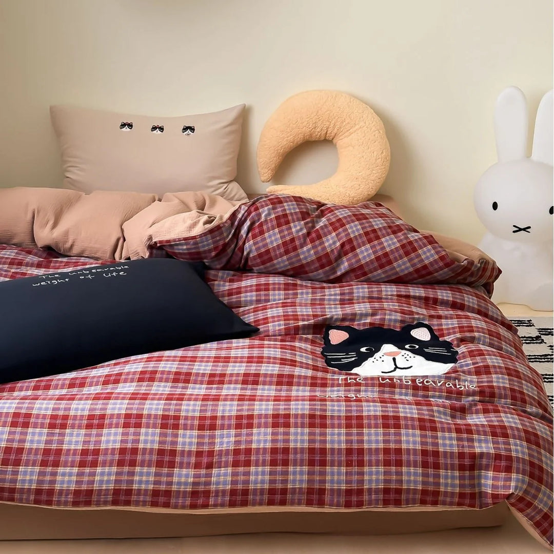 Damen Bettwäsche Set Karomuster mit Plüschbär-Applikation 6