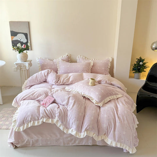 Damen Bettwäsche Set Musselin mit Rüschen und Gesteppter Decke 0