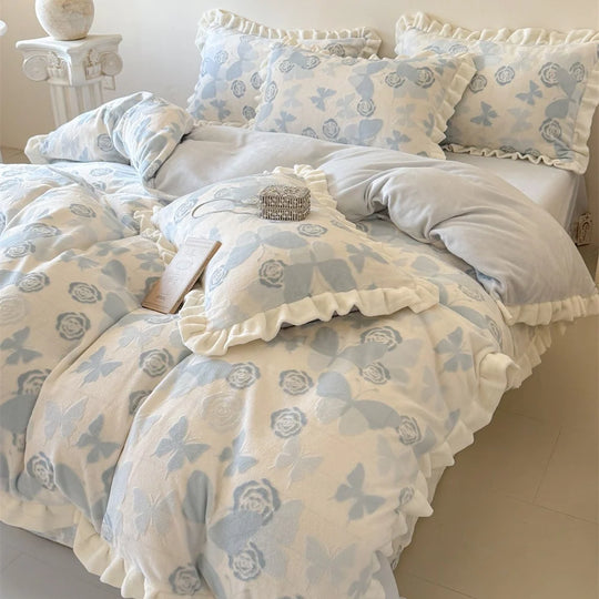 Damen Bettwäsche Set Musselin mit Rüschen und Gesteppter Decke 1