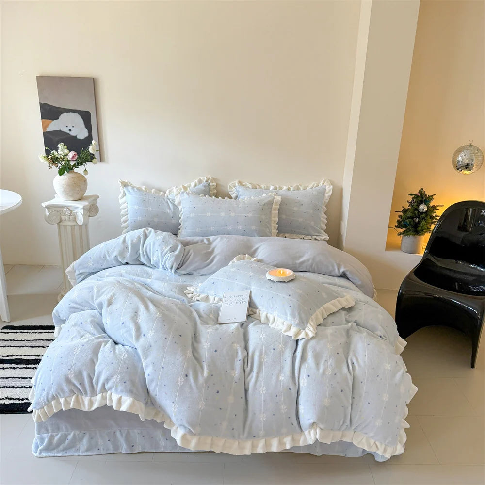 Damen Bettwäsche Set Musselin mit Rüschen und Gesteppter Decke 10