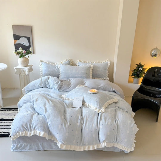 Damen Bettwäsche Set Musselin mit Rüschen und Gesteppter Decke 10