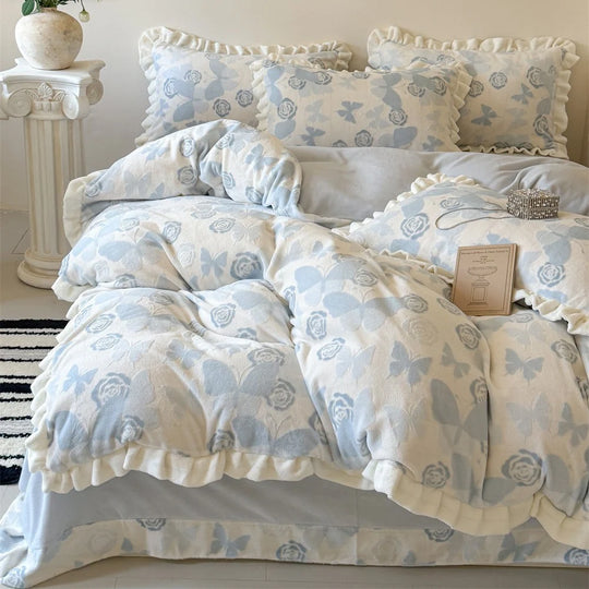 Damen Bettwäsche Set Musselin mit Rüschen und Gesteppter Decke 2