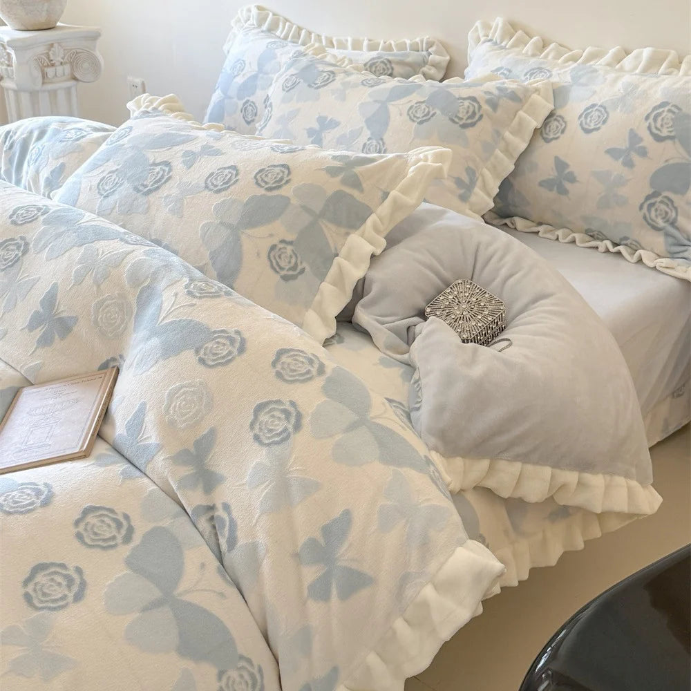 Damen Bettwäsche Set Musselin mit Rüschen und Gesteppter Decke 3
