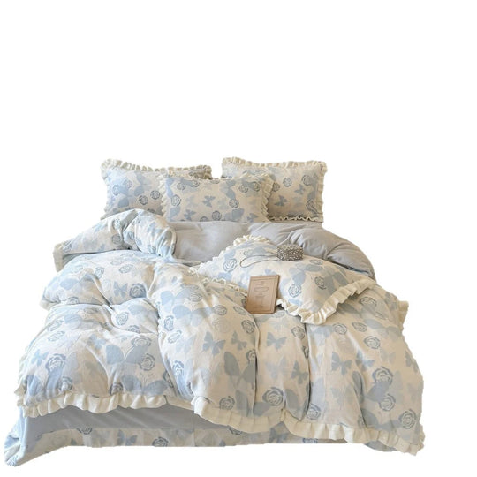 Damen Bettwäsche Set Musselin mit Rüschen und Gesteppter Decke 5