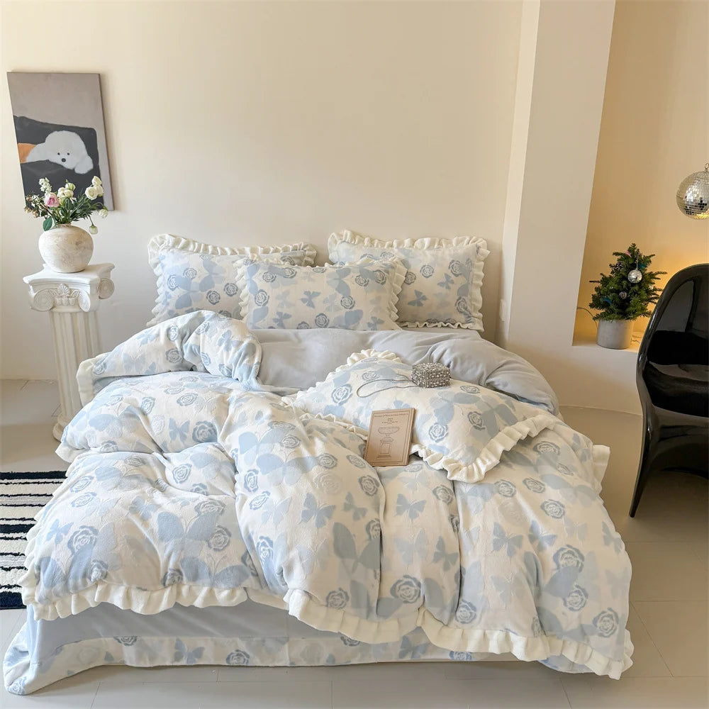 Damen Bettwäsche Set Musselin mit Rüschen und Gesteppter Decke 6