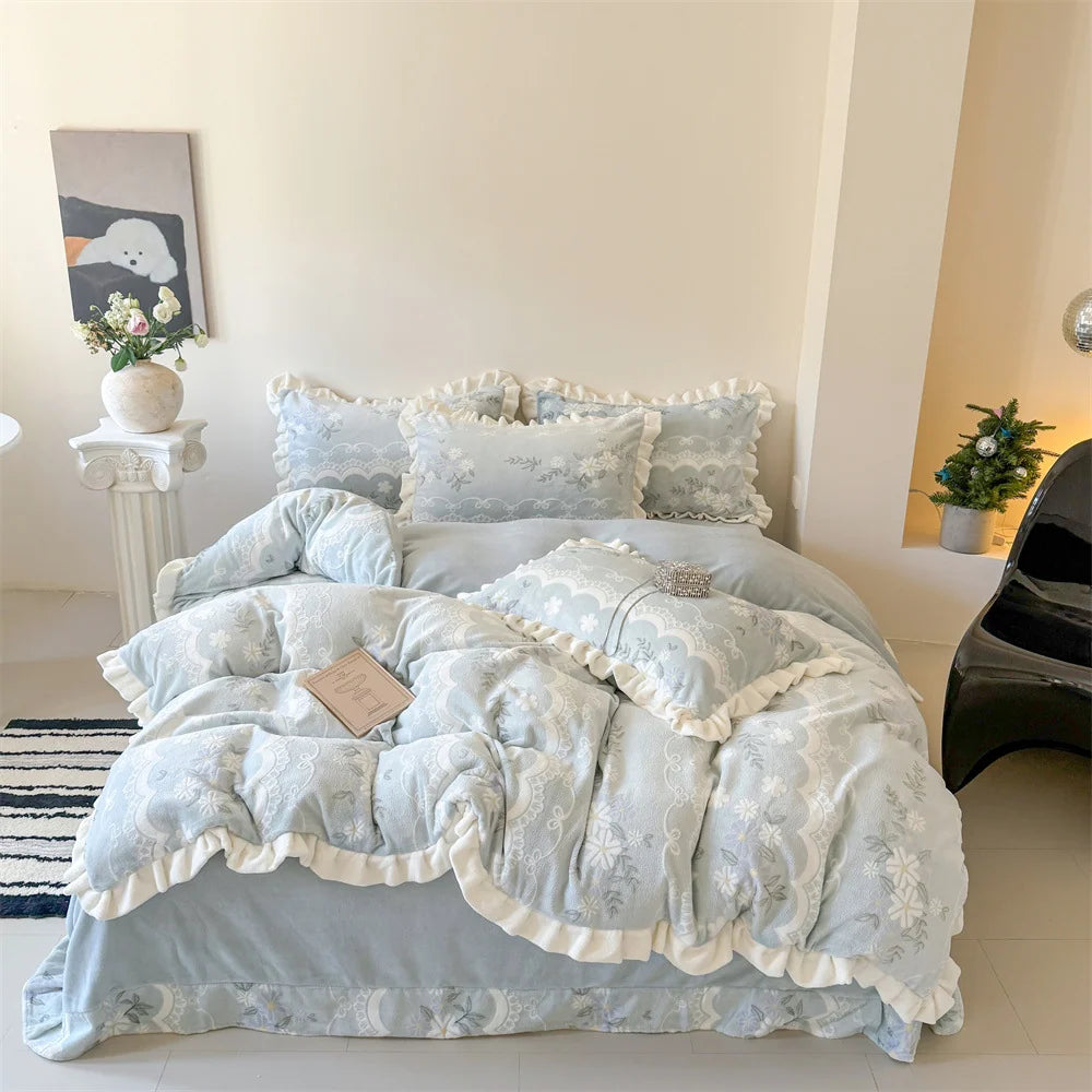 Damen Bettwäsche Set Musselin mit Rüschen und Gesteppter Decke 7