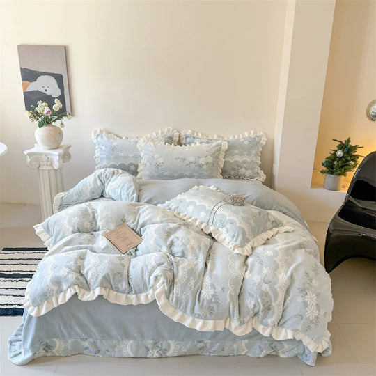 Damen Bettwäsche Set Musselin mit Rüschen und Gesteppter Decke 7