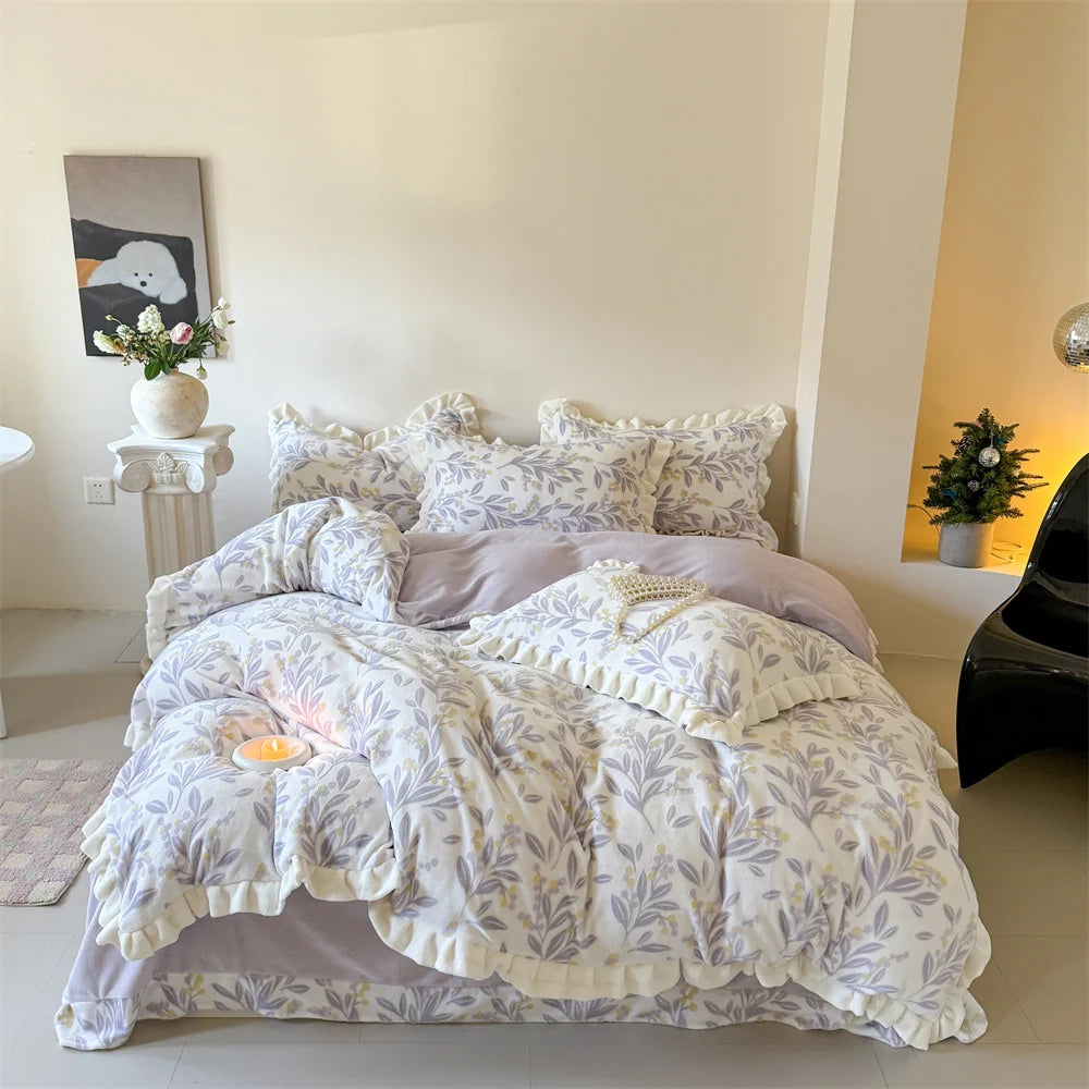 Damen Bettwäsche Set Musselin mit Rüschen und Gesteppter Decke 8