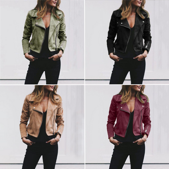 Damen Bikerjacke Wildleder Asymmetrischer Reißverschluss 6