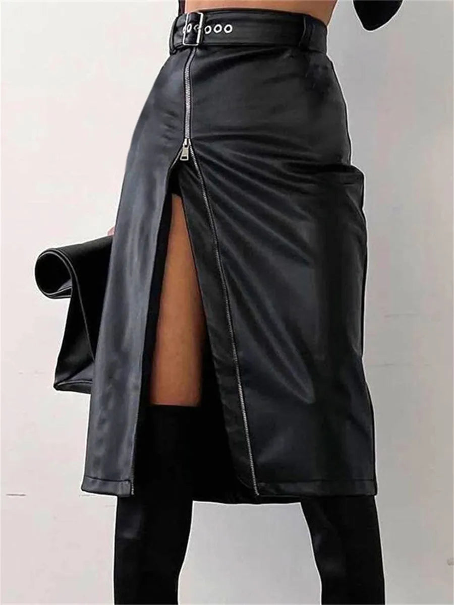 Damen Bleistiftrock Hohe Taille PU-Leder 1
