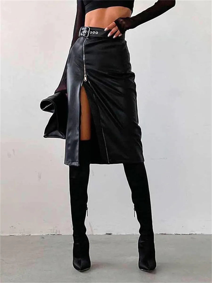 Damen Bleistiftrock Hohe Taille PU-Leder 5
