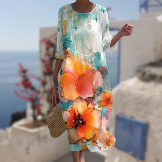 Damen Blumenmuster Kleid Elegante Baumwolle 3
