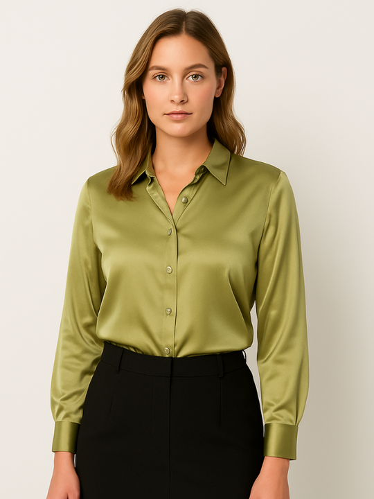 Damen Bluse Satin Knopfverschluss Elegant 13